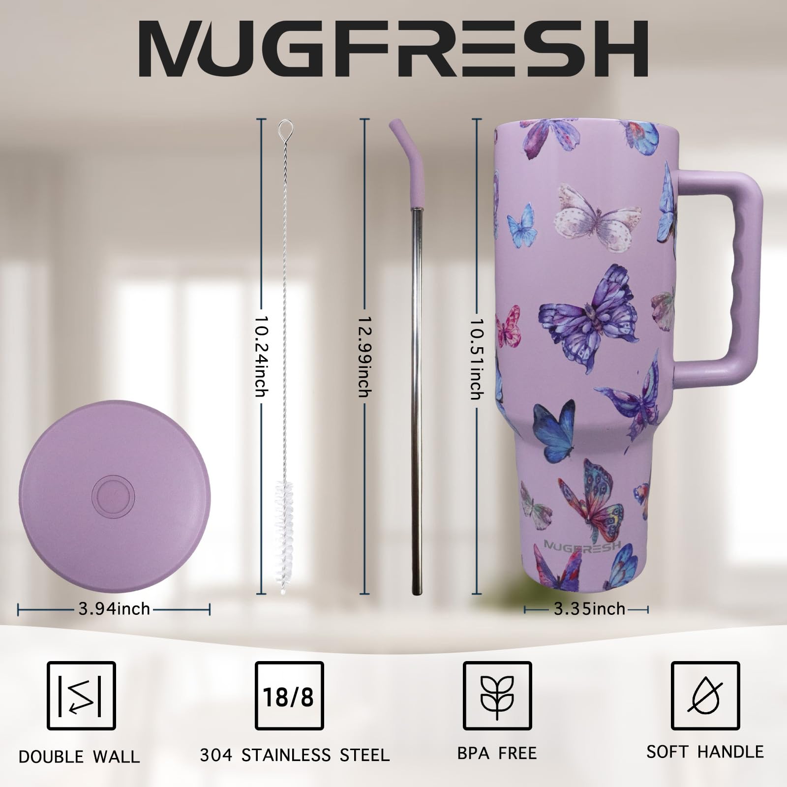 MugFresh Butterfly Tumbler full 40 oz capacity for extended hydration.