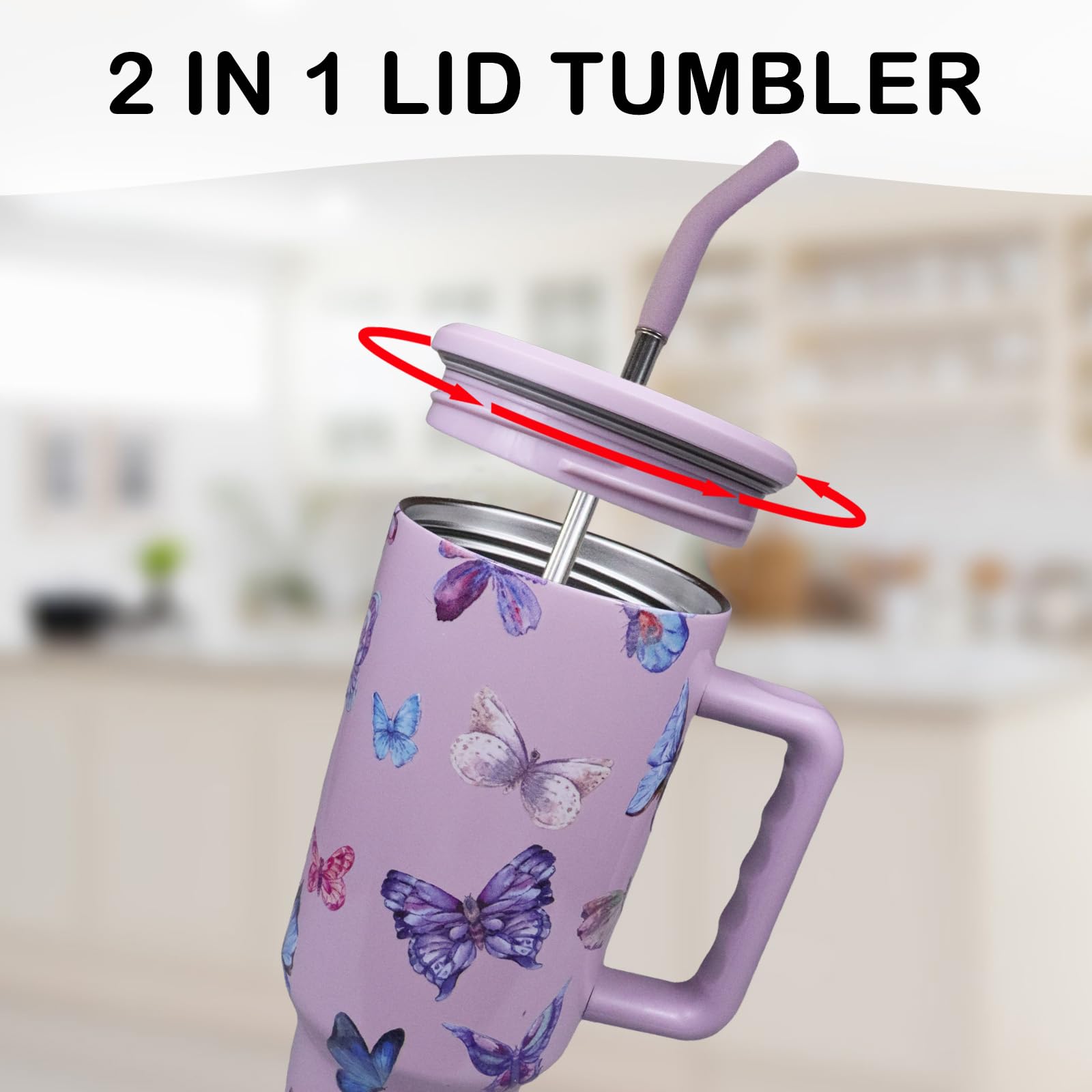 MugFresh Butterfly Tumbler in car cupholder demonstrates a cupholder friendly size.