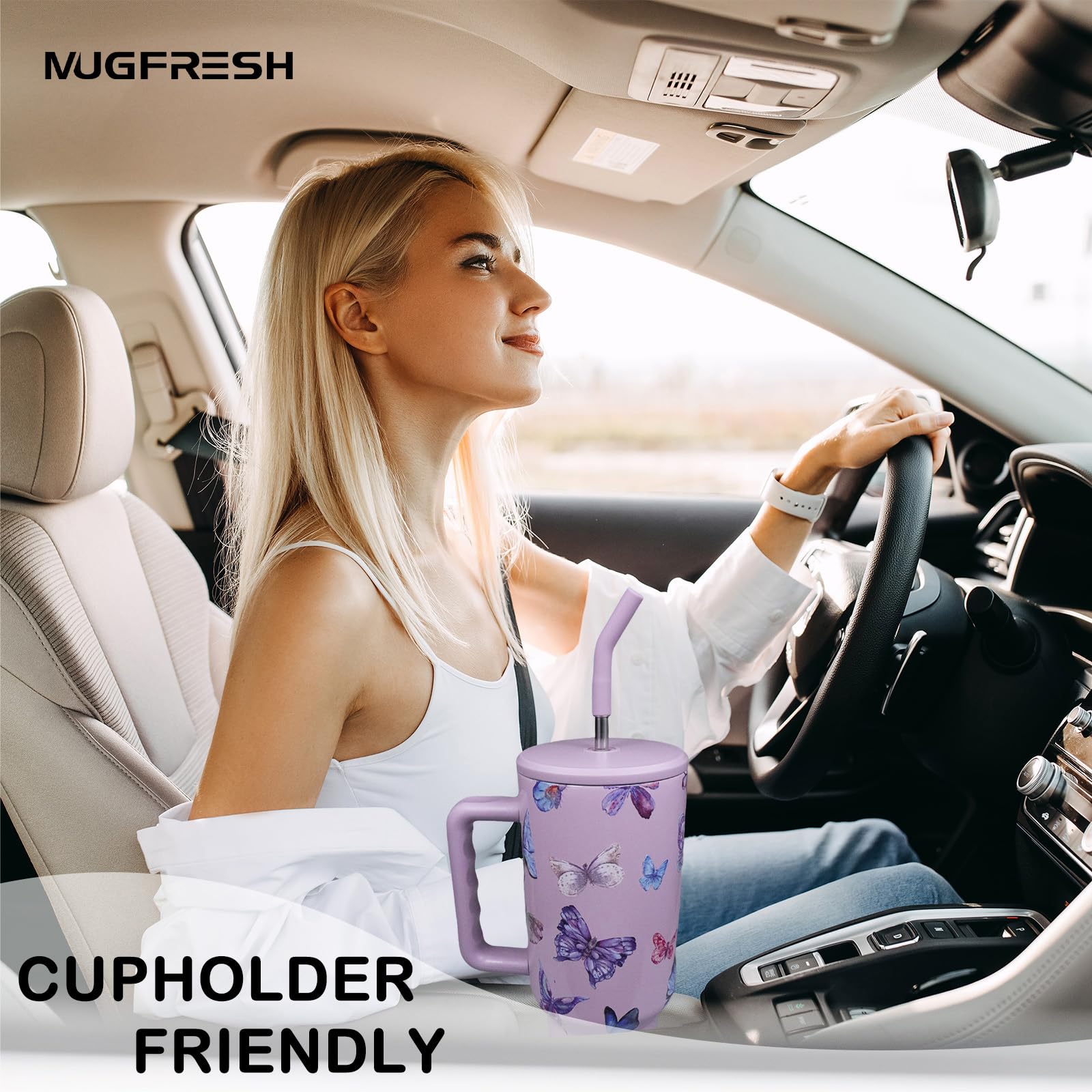 MugFresh Butterfly Tumbler side view shows durable double-wall insulation for temperature control.