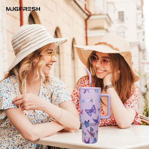MugFresh Butterfly Tumbler with straw supports convenient sipping on the go.