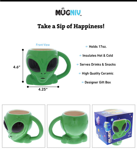 MUGNIV Green Alien Head Detail Mug highlights intricate 3D features, great as a quirky desk companion.