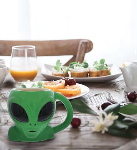 MUGNIV Green Alien Mug enhances kitchen or shelf decor.