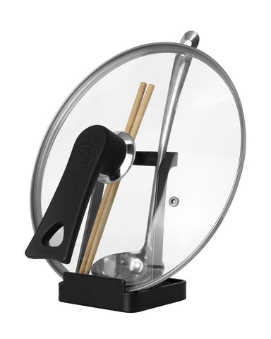 Mukkuri Holder-Lid Stand keeps spoons, spatulas, and lids within reach