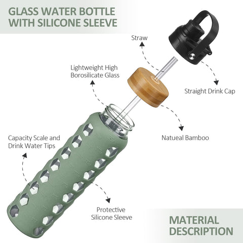 MUKOKO time-marker glass bottle olive showing hydration schedule
