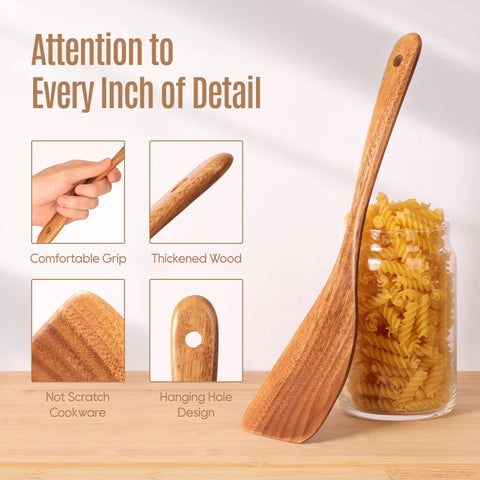 MULBOM teak slotted spatula designed for draining while cooking.