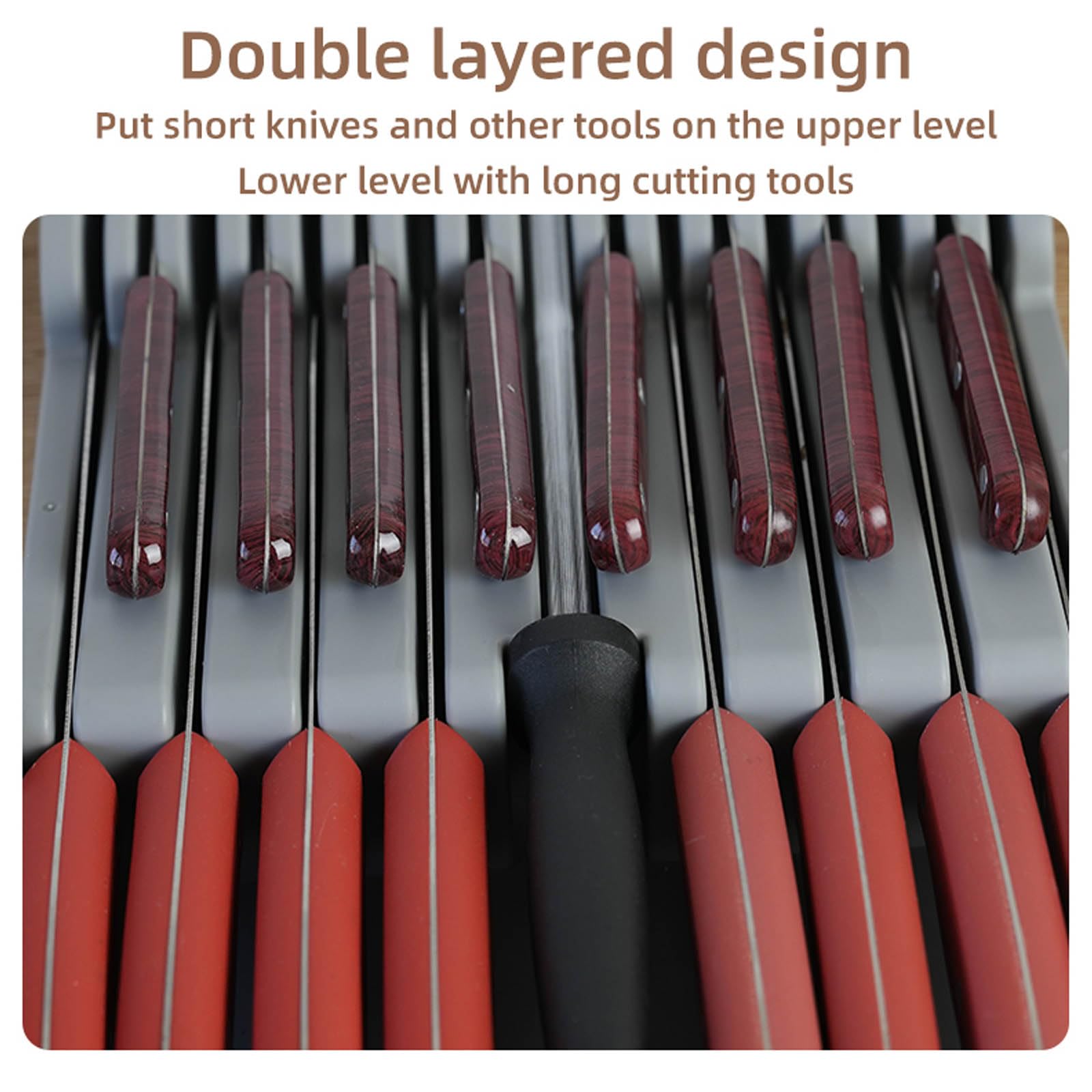 Mulikeer 16-knife capacity drawer block made of BPA-free plastic for easy cleaning.