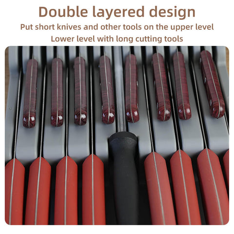 Mulikeer 16-knife capacity drawer block made of BPA-free plastic for easy cleaning.