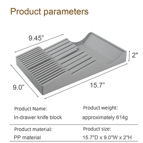 Mulikeer expandable cutlery tray shows 16-knife capacity in a neat layout.