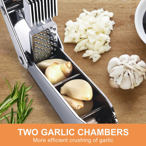 Mulire 2-in-1 garlic press slicer handles garlic with ease.
