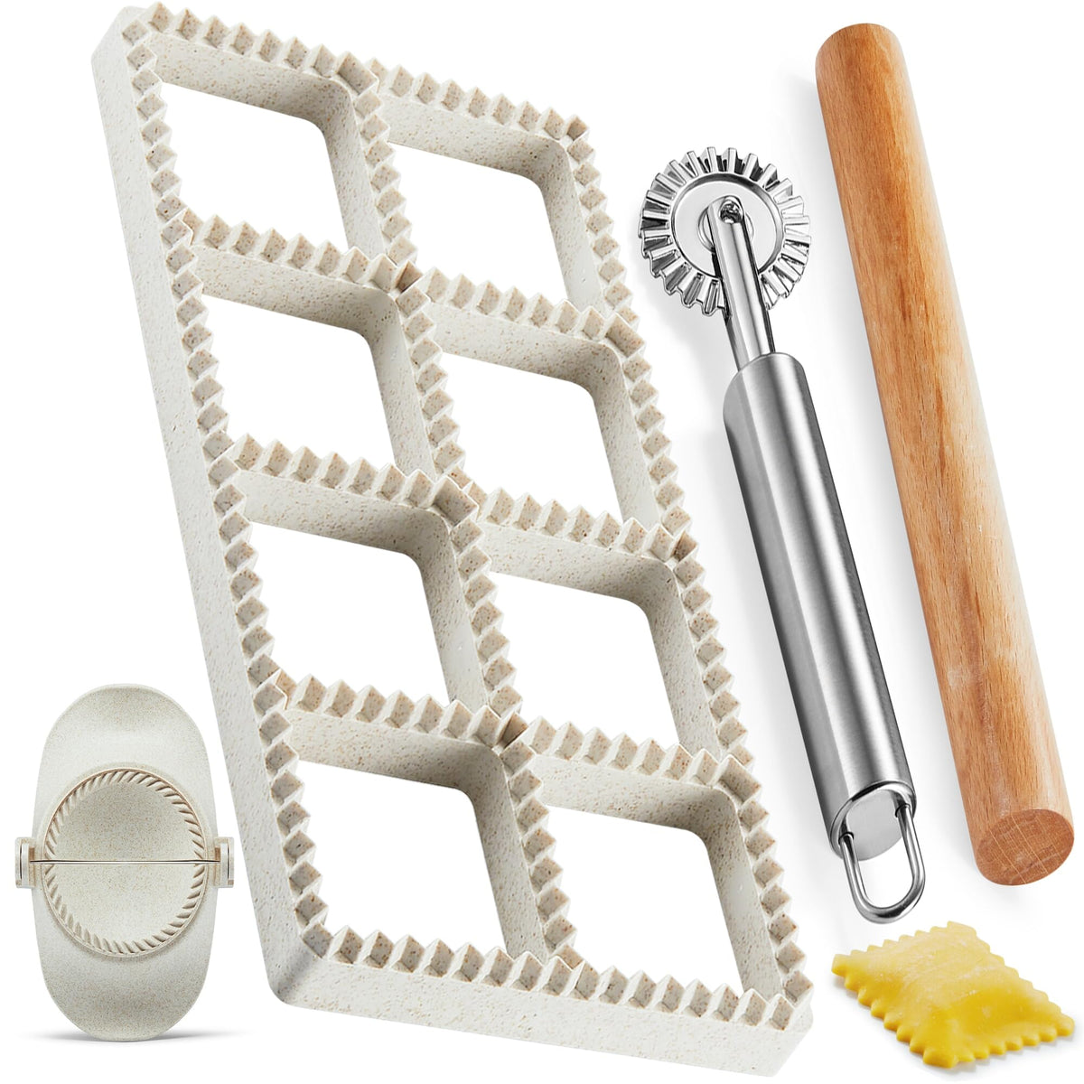 MUMSUNG Ravioli Press square mold creates eight even ravioli shapes.