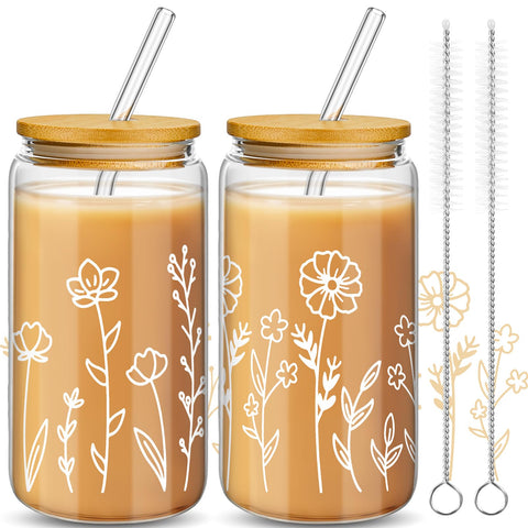 Mumufy boho flower glass cup 16 oz for refreshing iced coffees and teas.