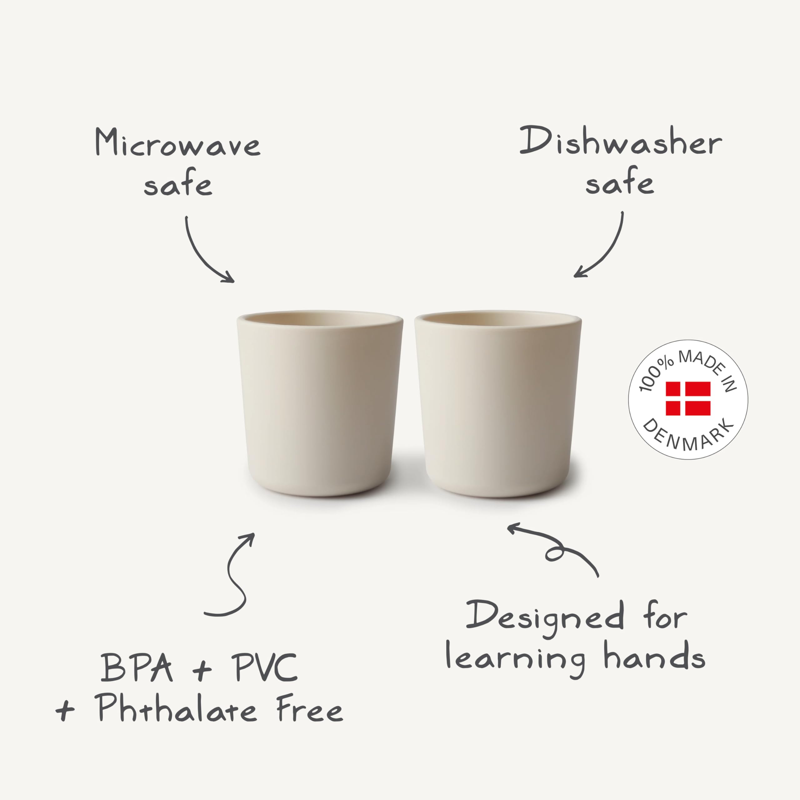 Danish design Mushie ivory cups for safe, everyday family use.