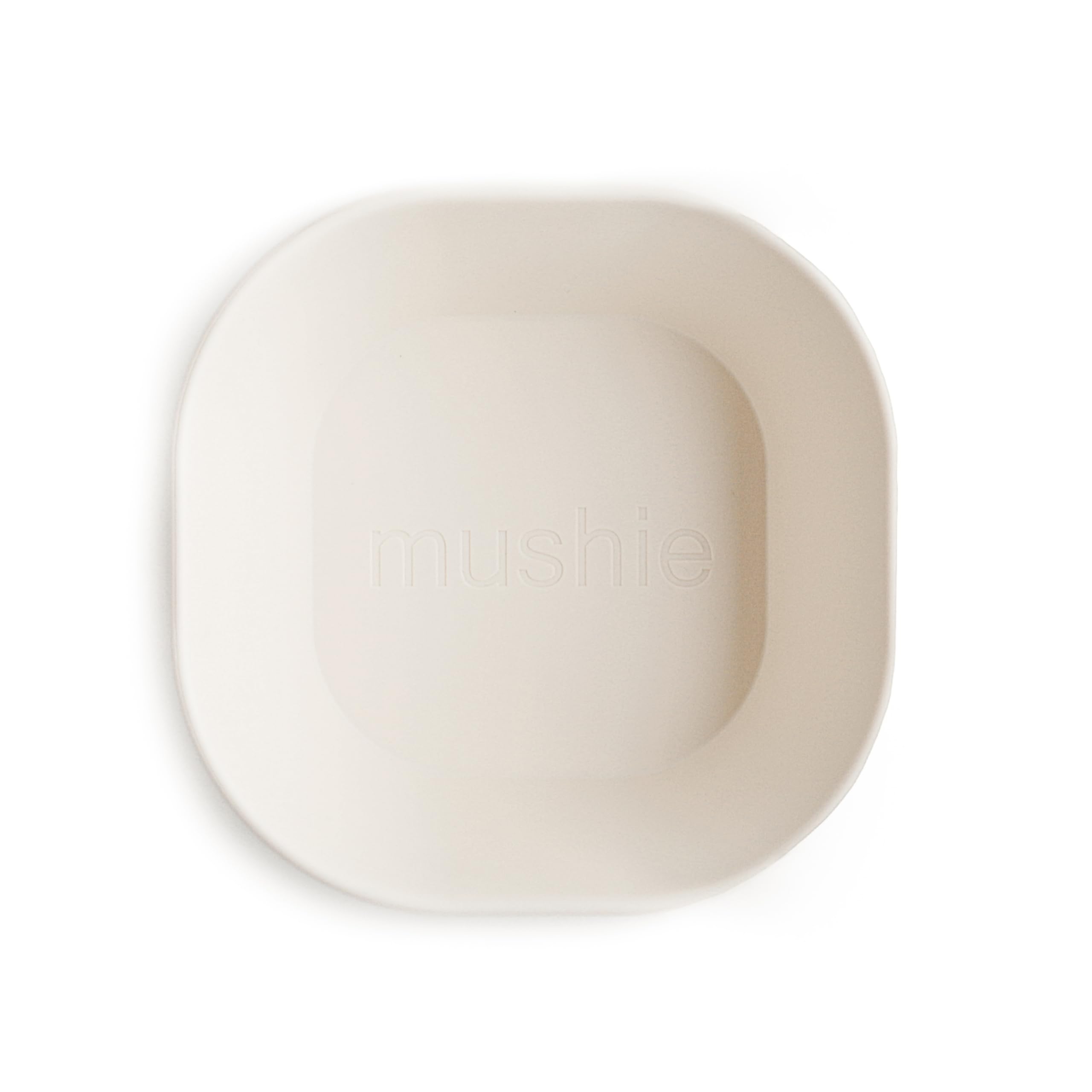Mushie square dinnerware ivory bowls closeup highlighting smooth finish and kid-friendly design