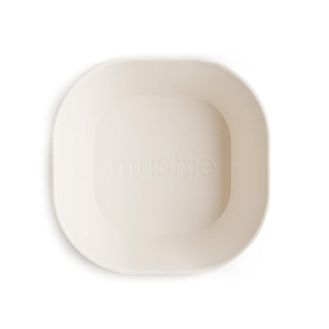 Mushie square dinnerware ivory bowls closeup highlighting smooth finish and kid-friendly design