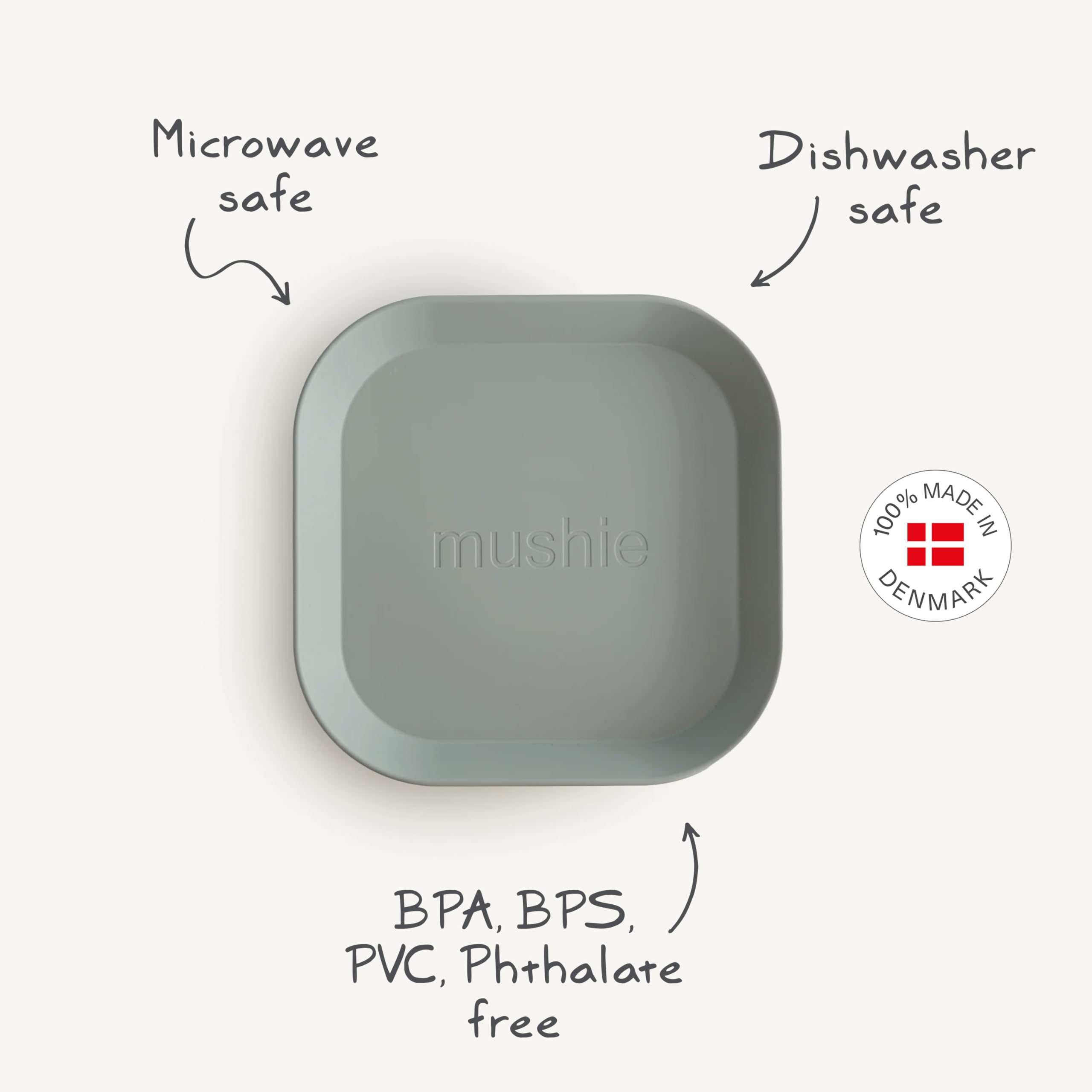 Mushie blush plate on tray, easy stack and storage