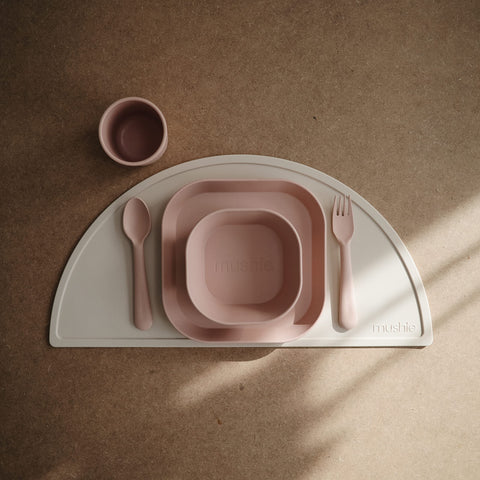 Mushie blush square plate top-down close-up, smooth surface for cleaning