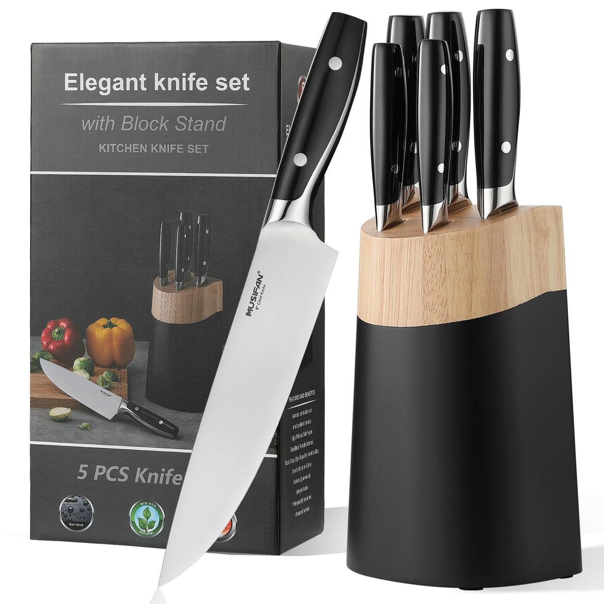 Musifan 6-piece knife block set for precise slicing and organized storage.
