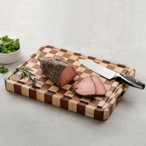 Musifan Acacia cutting board easy-clean finish, wipe clean after use.