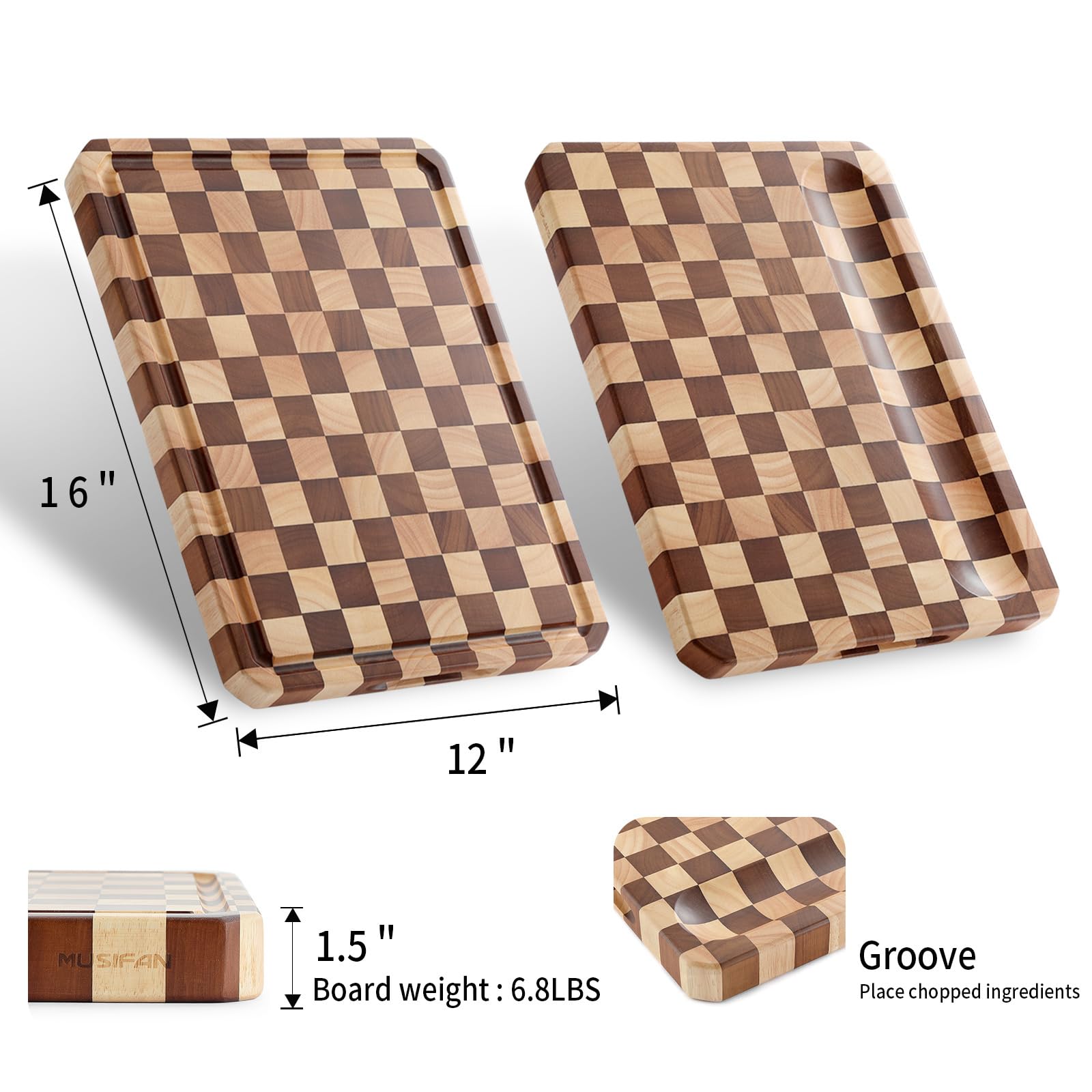 Musifan Acacia cutting board shows natural wood texture and durable surface.