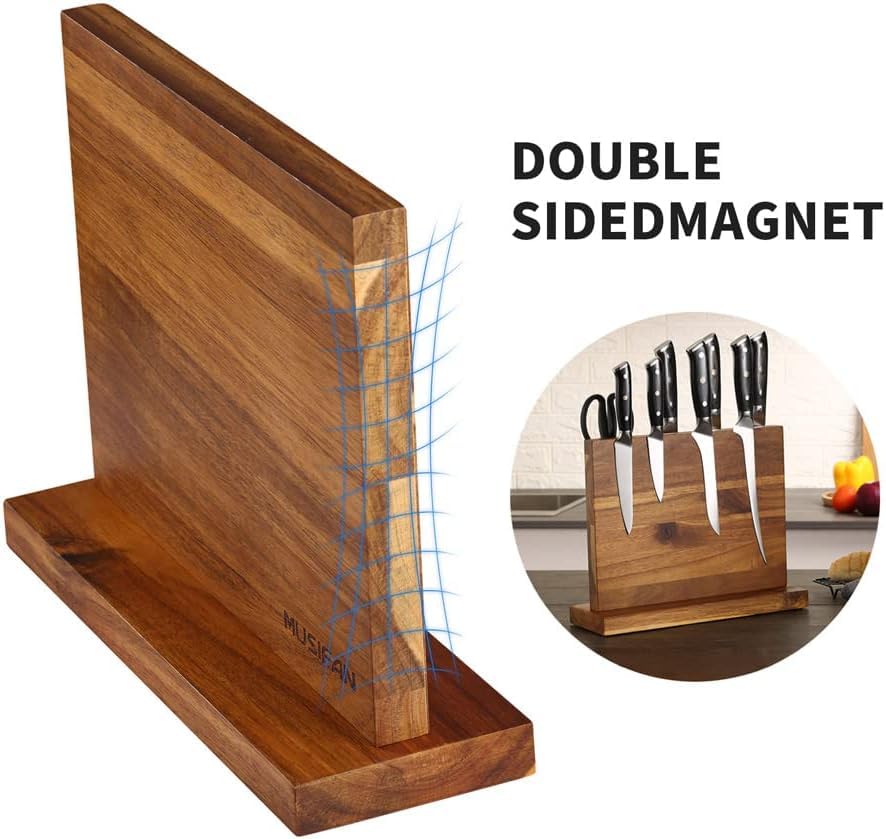Musifan acacia wood knife block on countertop highlighting natural warmth