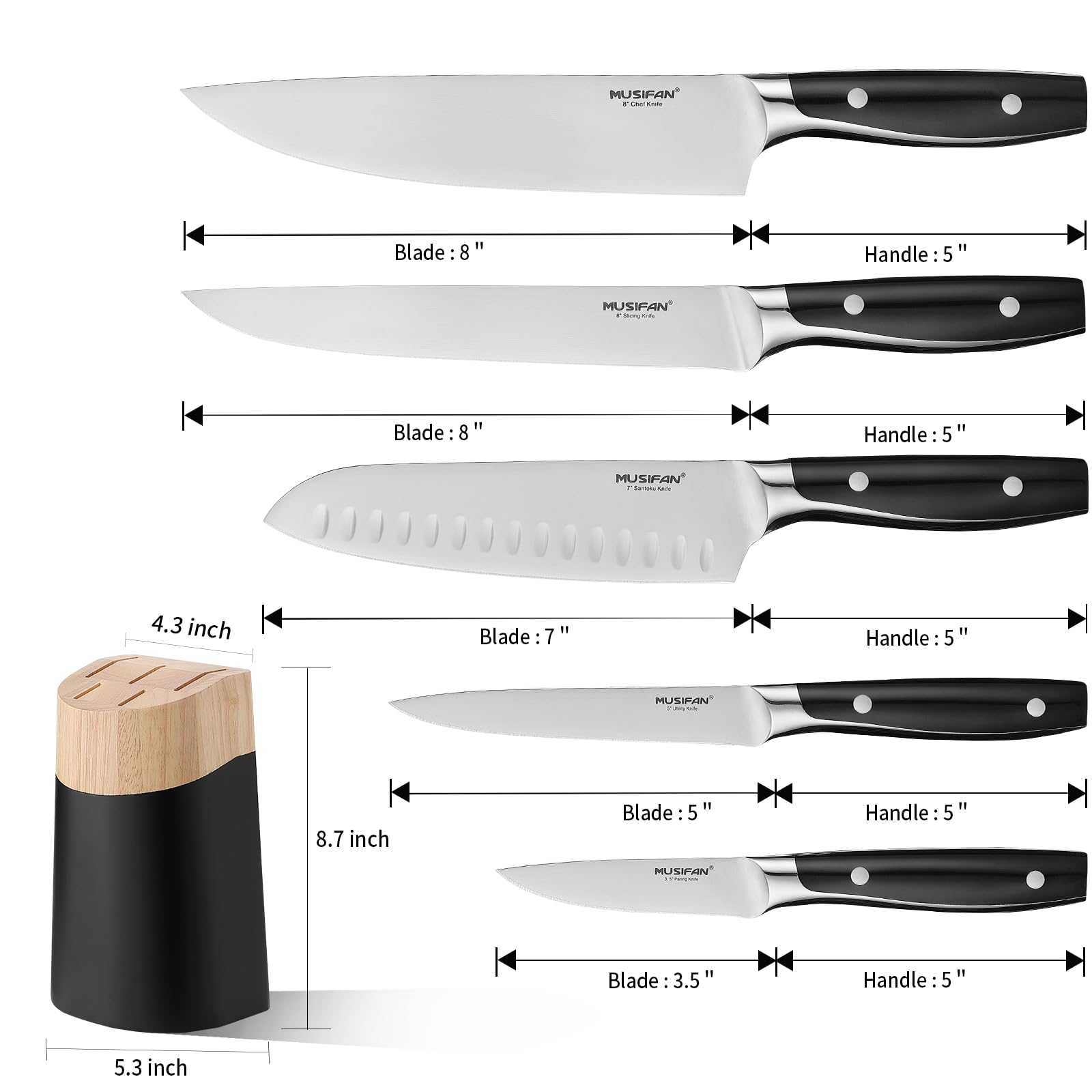 Musifan dishwasher-safe knives for easy cleanup and maintenance.