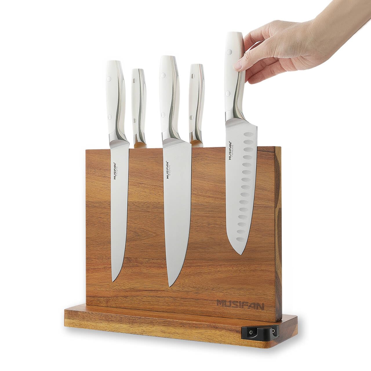 Musifan magnetic knife block front view with strong magnets for safe access