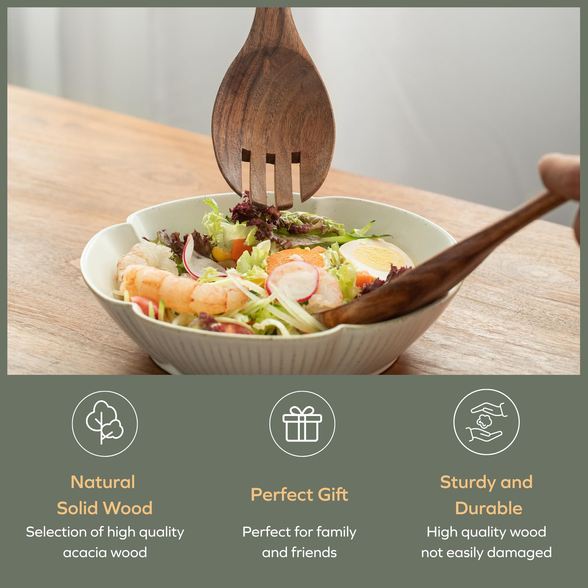 Muso Wood Acacia salad servers hanging on a hook for easy storage