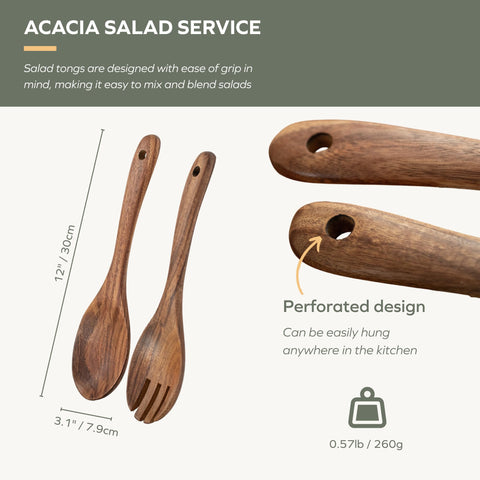 Muso Wood Acacia salad servers in use for tossing and serving salads