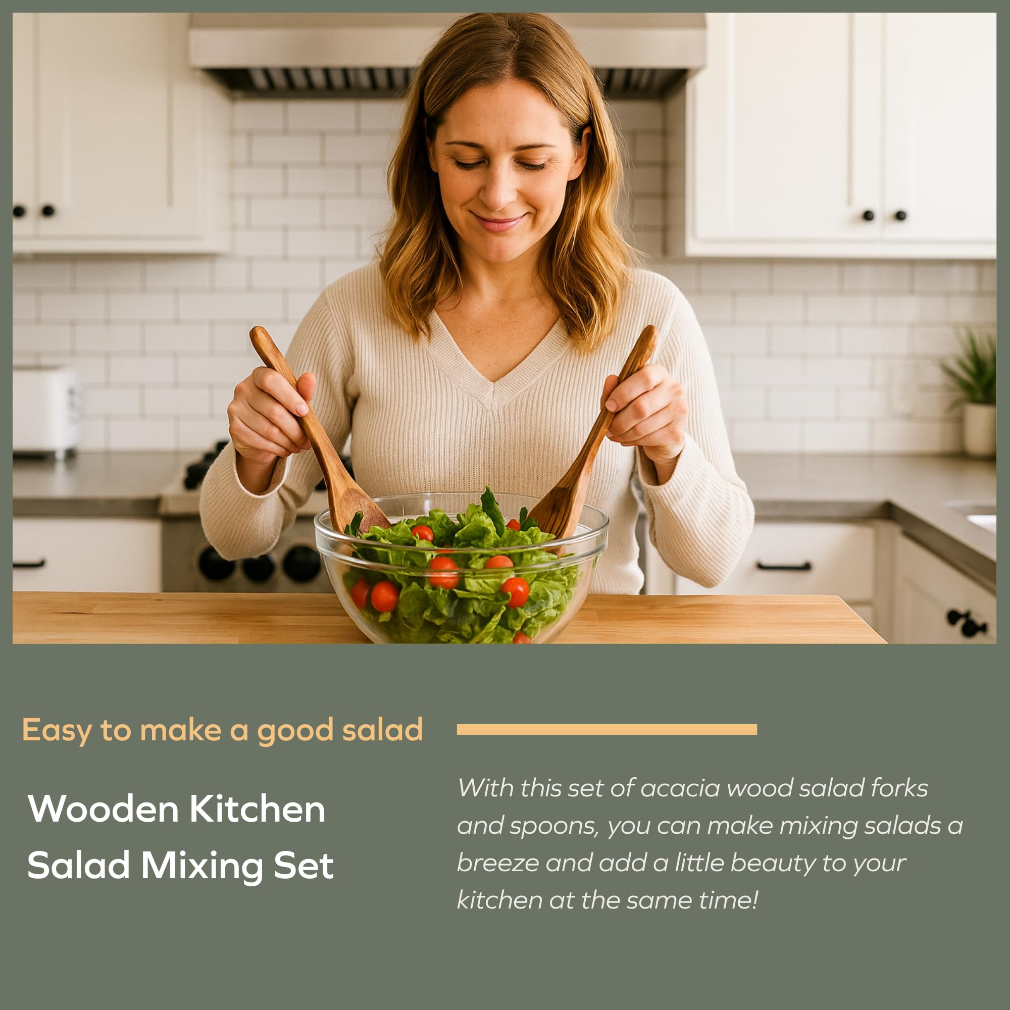 Muso Wood Acacia salad servers resting on a cutting board with warm wood tones