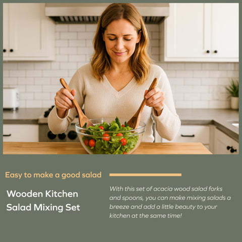 Muso Wood Acacia salad servers resting on a cutting board with warm wood tones