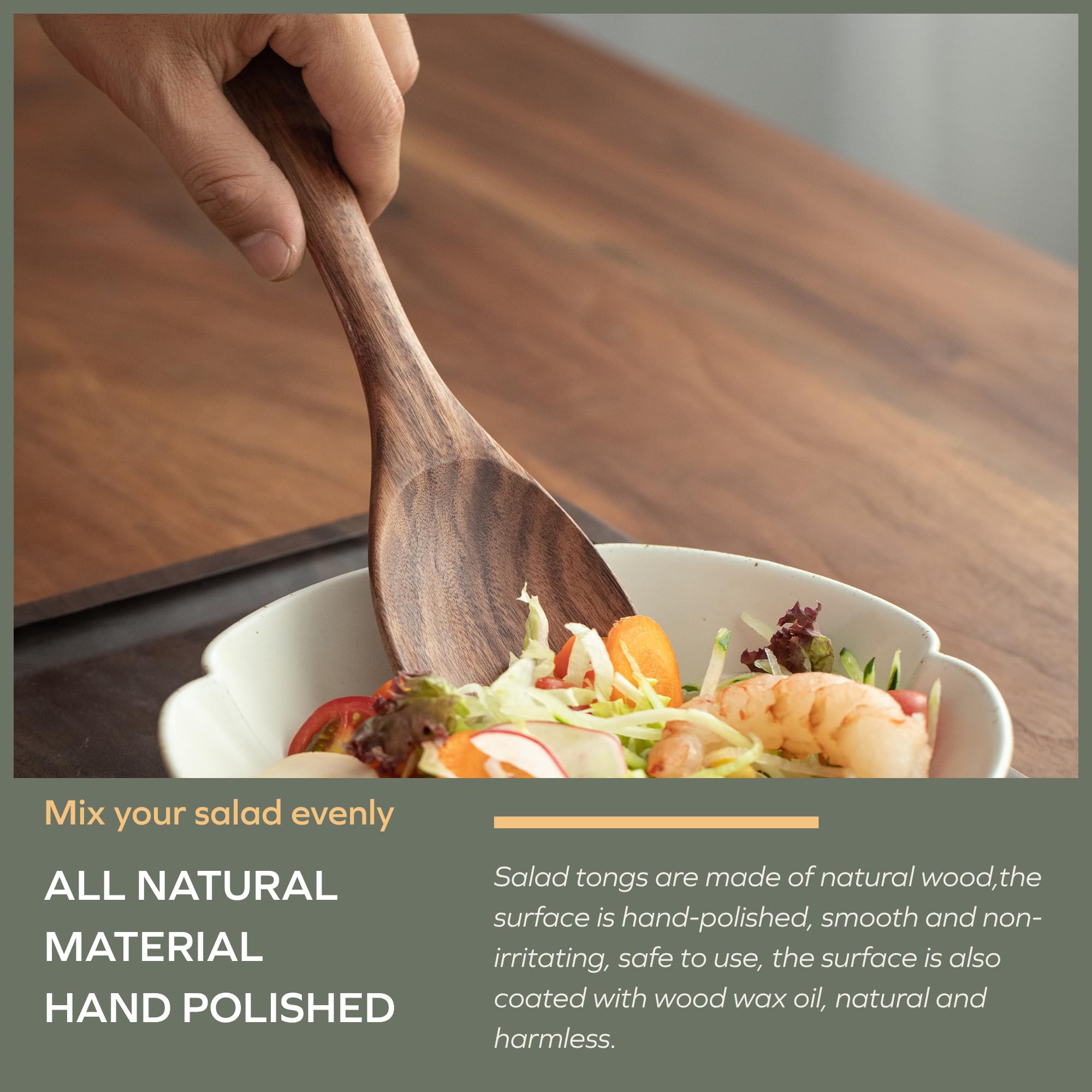 Muso Wood Acacia salad servers with wax-oil finish for safe handling