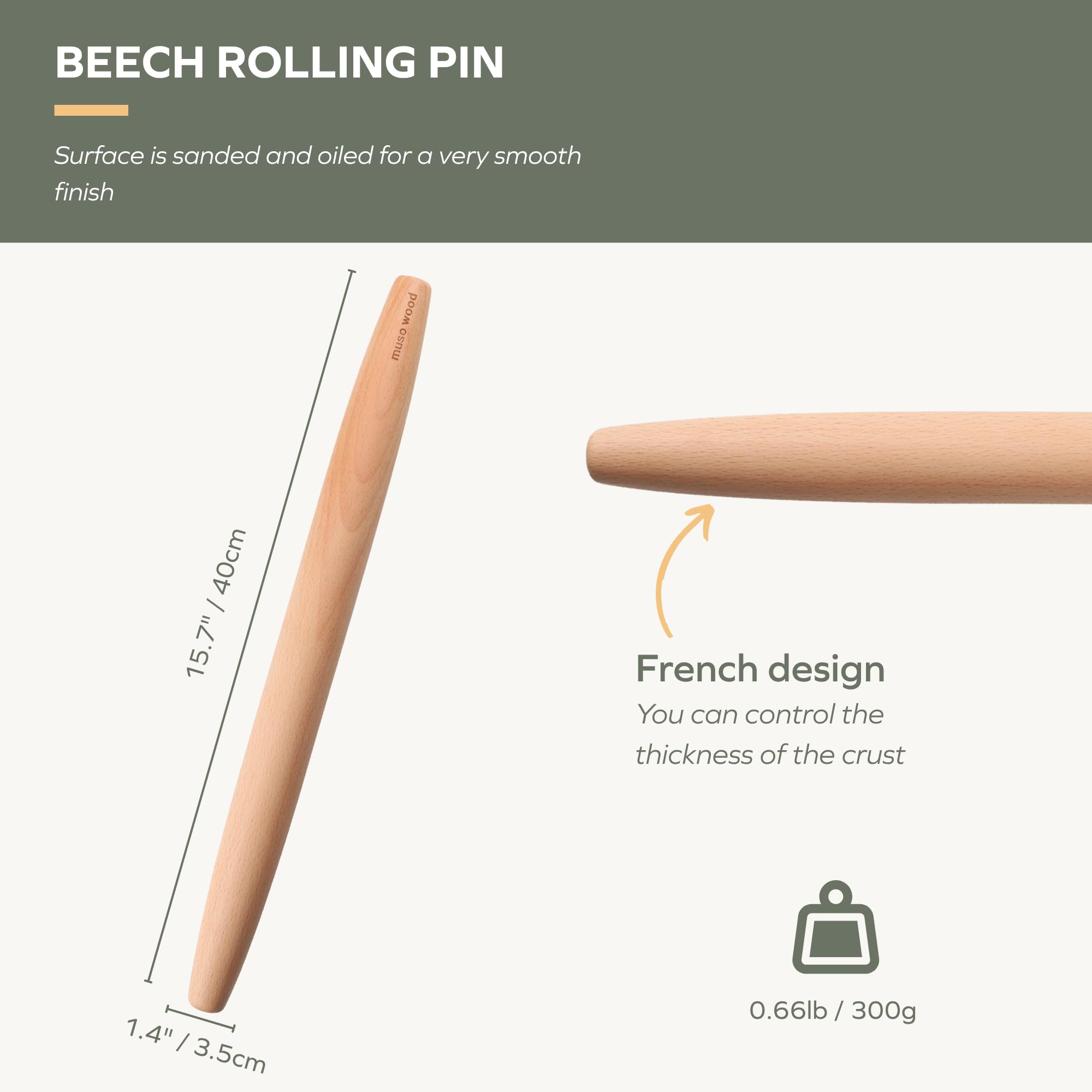 Muso Wood beech wood rolling pin with smooth finish for seamless handling.