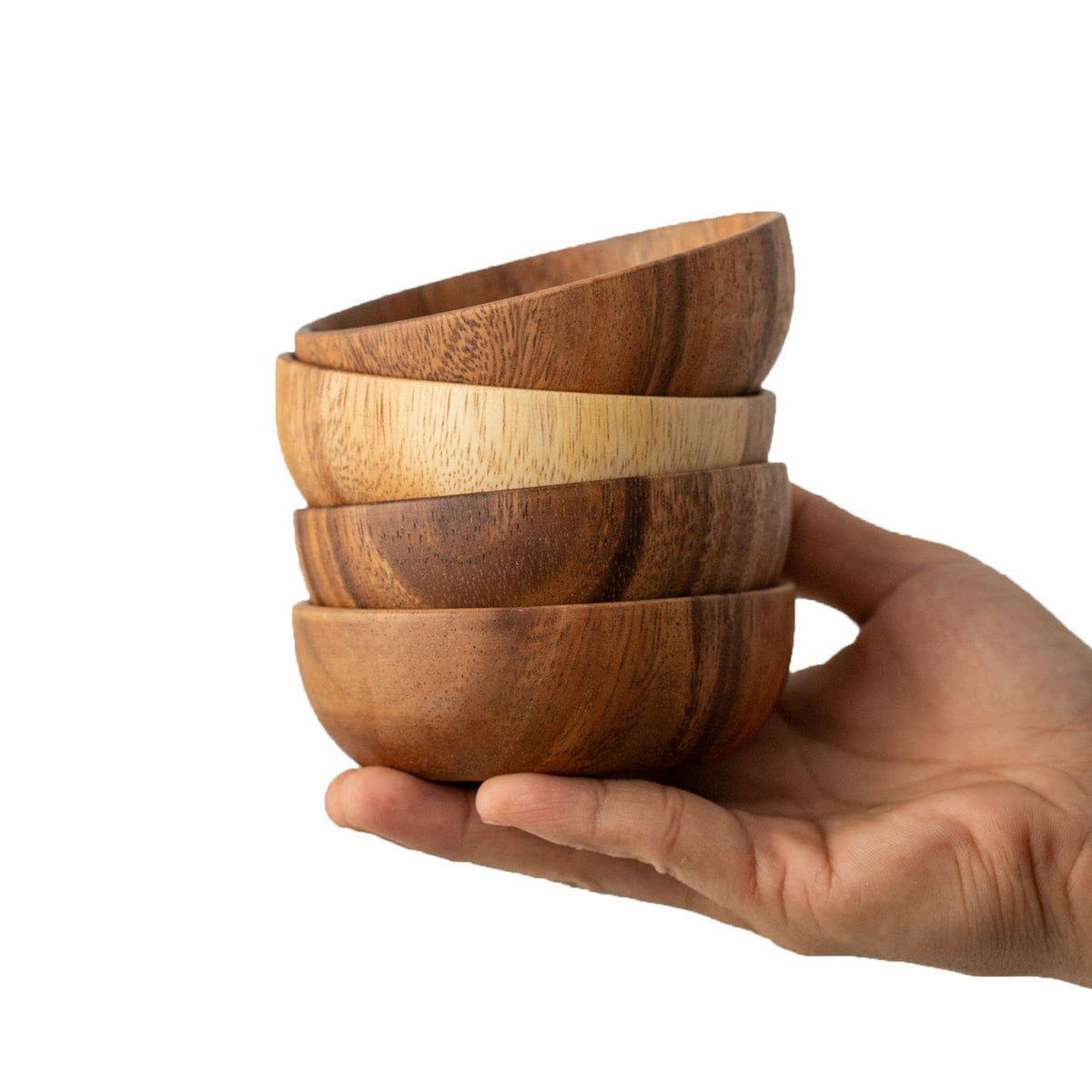 Muso Wood dipping bowls full set on table, showcasing warm acacia wood and versatile serving.