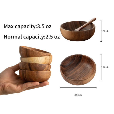 Muso Wood dipping bowls with sauce pairings demonstrate convenient condiments serving.
