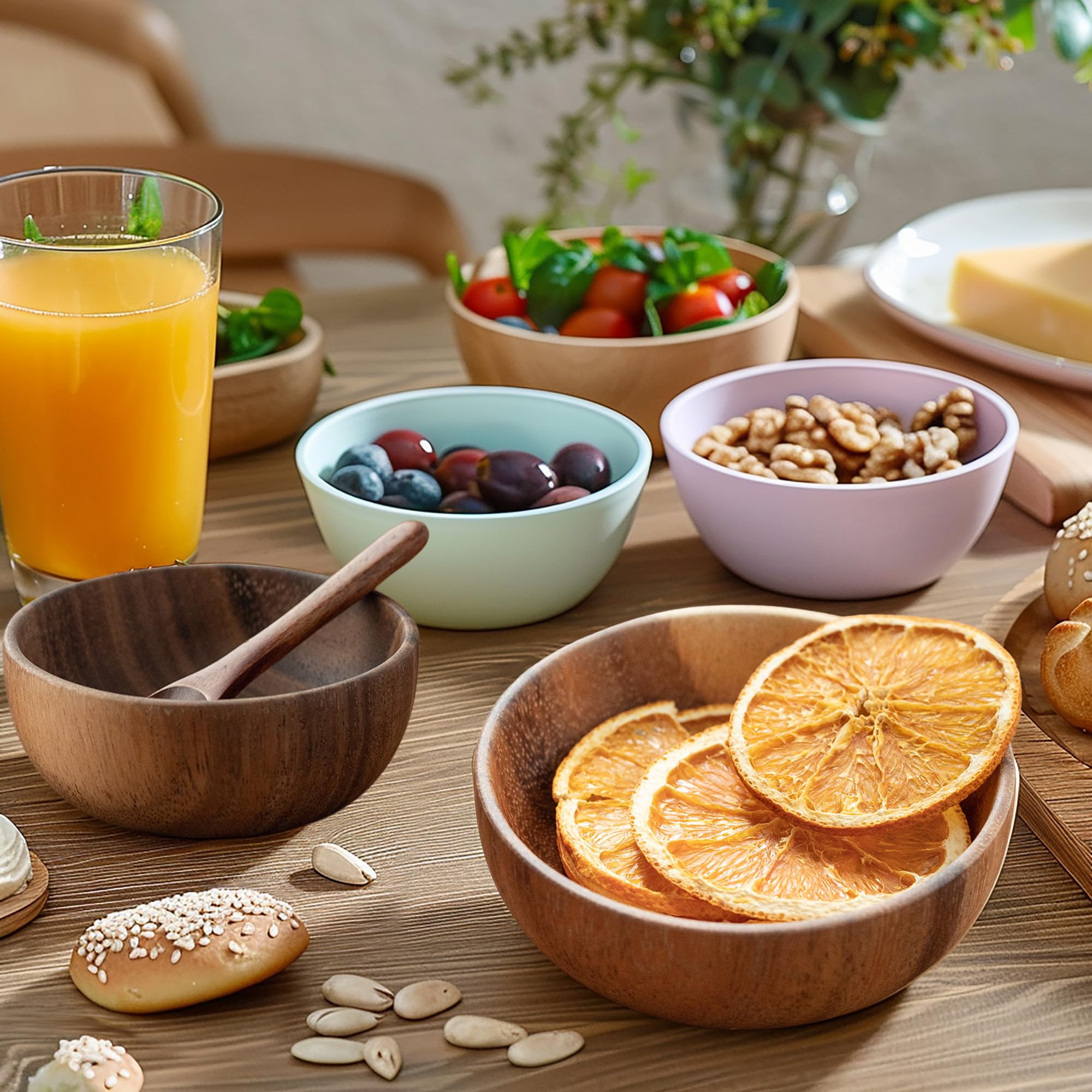 Muso Wood stackable bowls for clutter-free storage on shelves.