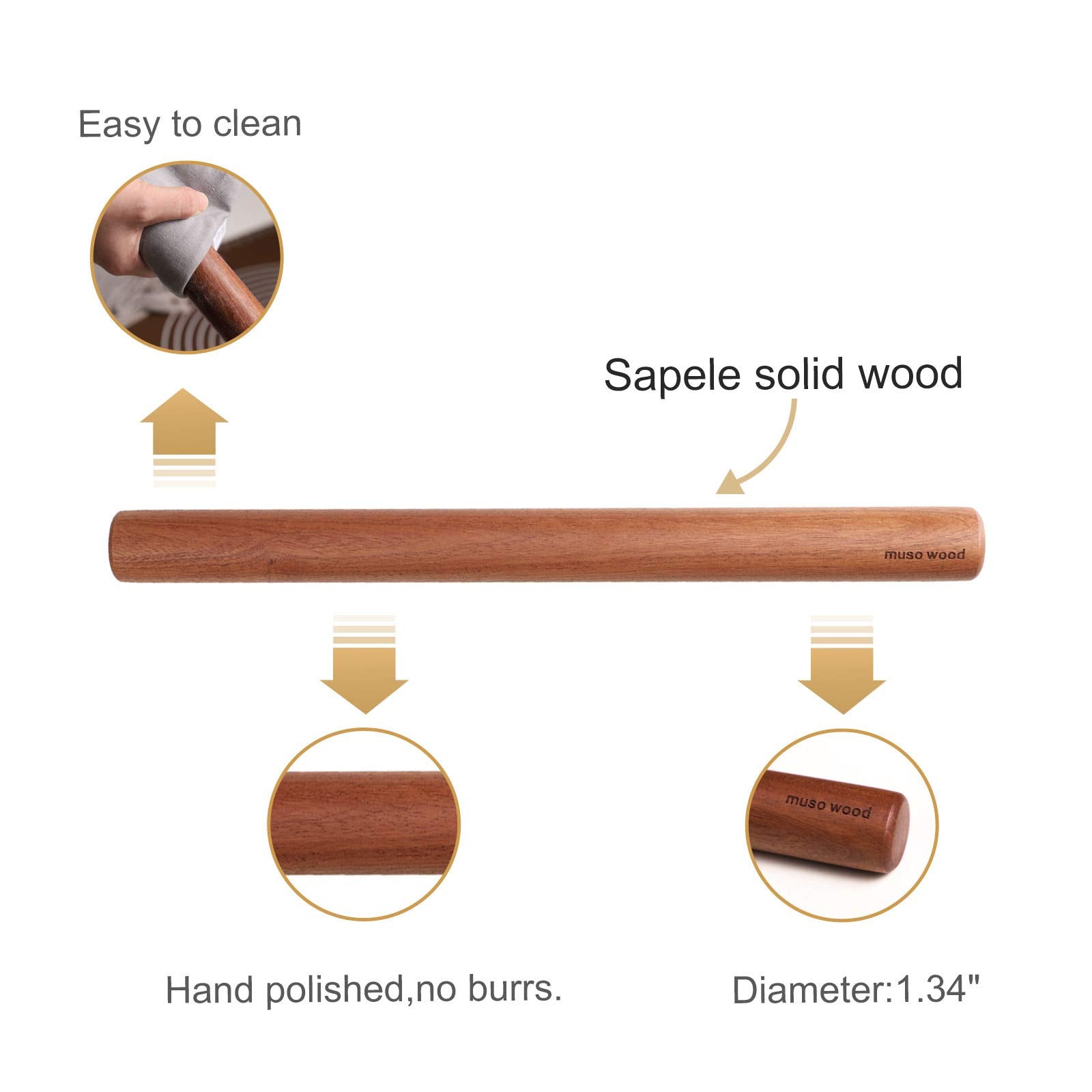 Muso Wood Sapele dowel rolling pin, surface closeup showing durable, smooth finish.