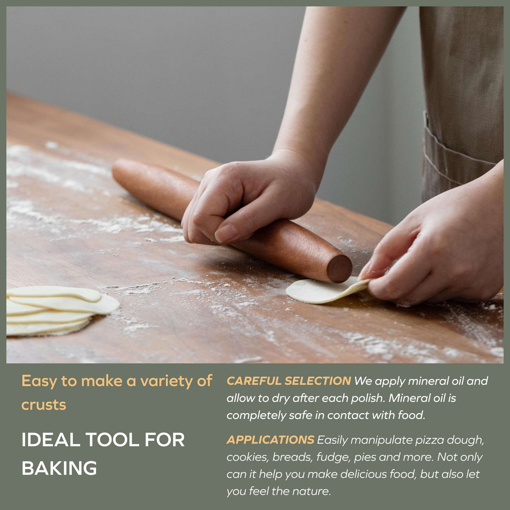 Muso Wood Sapele rolling pin measures 15-3/4 inches for versatile dough batches.