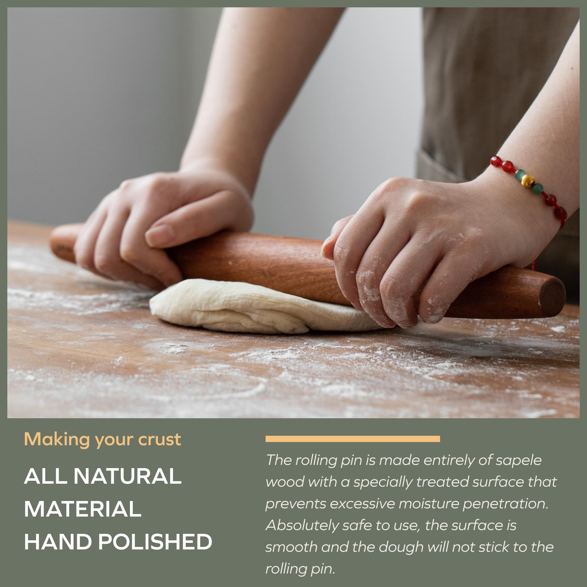 Muso Wood Sapele rolling pin ideal for pie crust, fondant, and cookies.