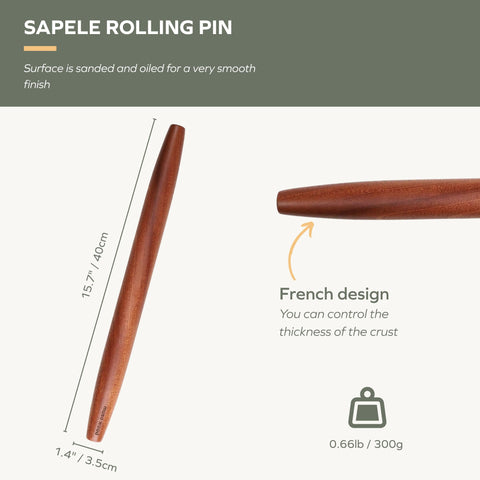 Muso Wood Sapele rolling pin hand-polished finish reduces fibers for clean rolling.
