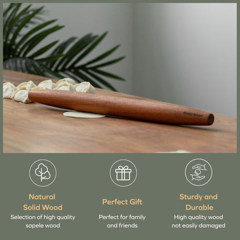 Muso Wood Sapele rolling pin storage-friendly length fits in any kitchen cabinet.