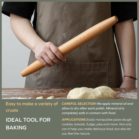 Muso Wood tapered ends rolling pin design for easy maneuvering and cleanup.