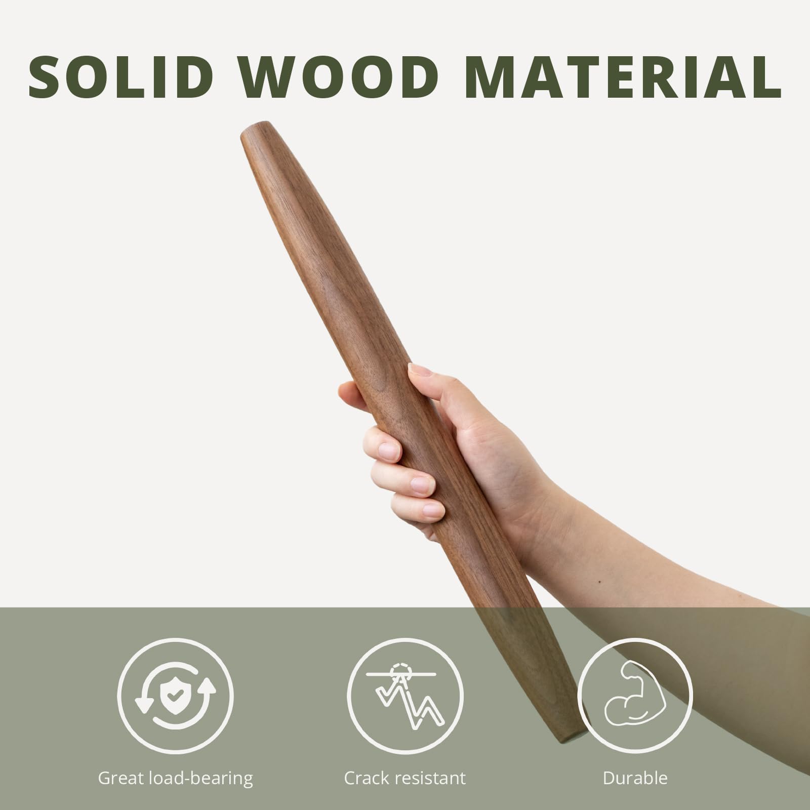 Muso Wood walnut rolling pin close-up, highlighting rich grain and solid-wood durability