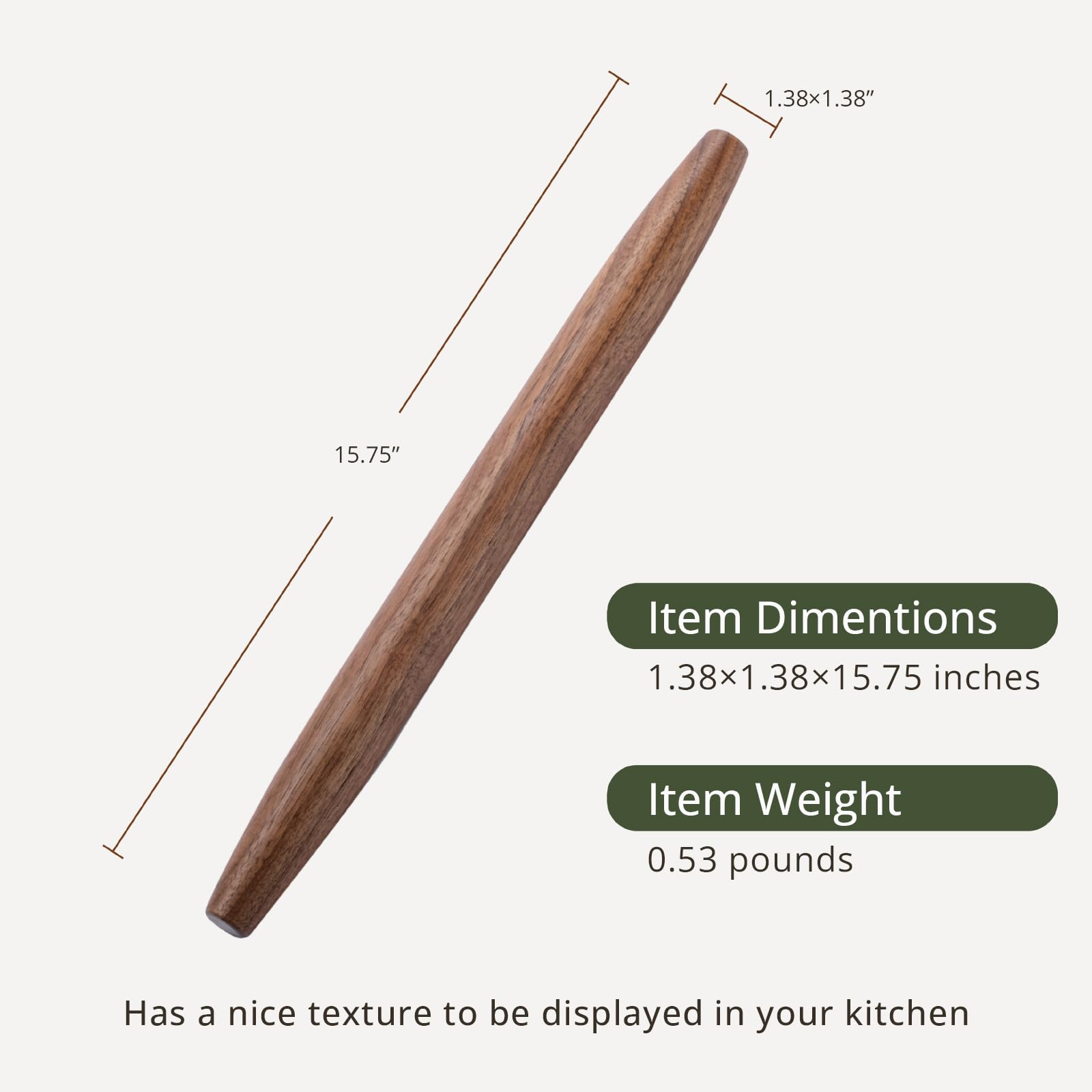 Muso Wood walnut rolling pin shown at fifteen and three-quarters inches
