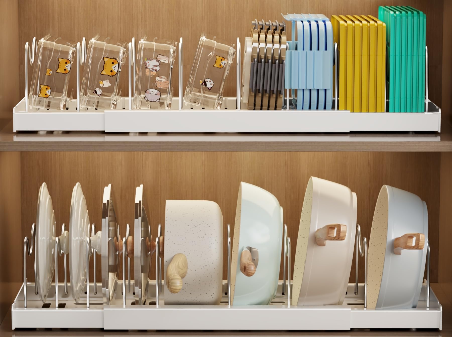 Mustorn 2 pack organizer keeping pot and pan lids neatly in an under cabinet setup