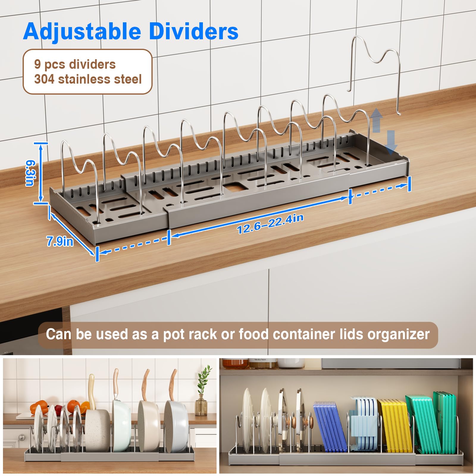 Mustorn lid organizer highlights stainless steel dividers for varied lid sizes.