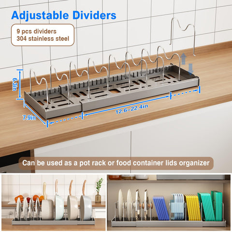 Mustorn lid organizer highlights stainless steel dividers for varied lid sizes.