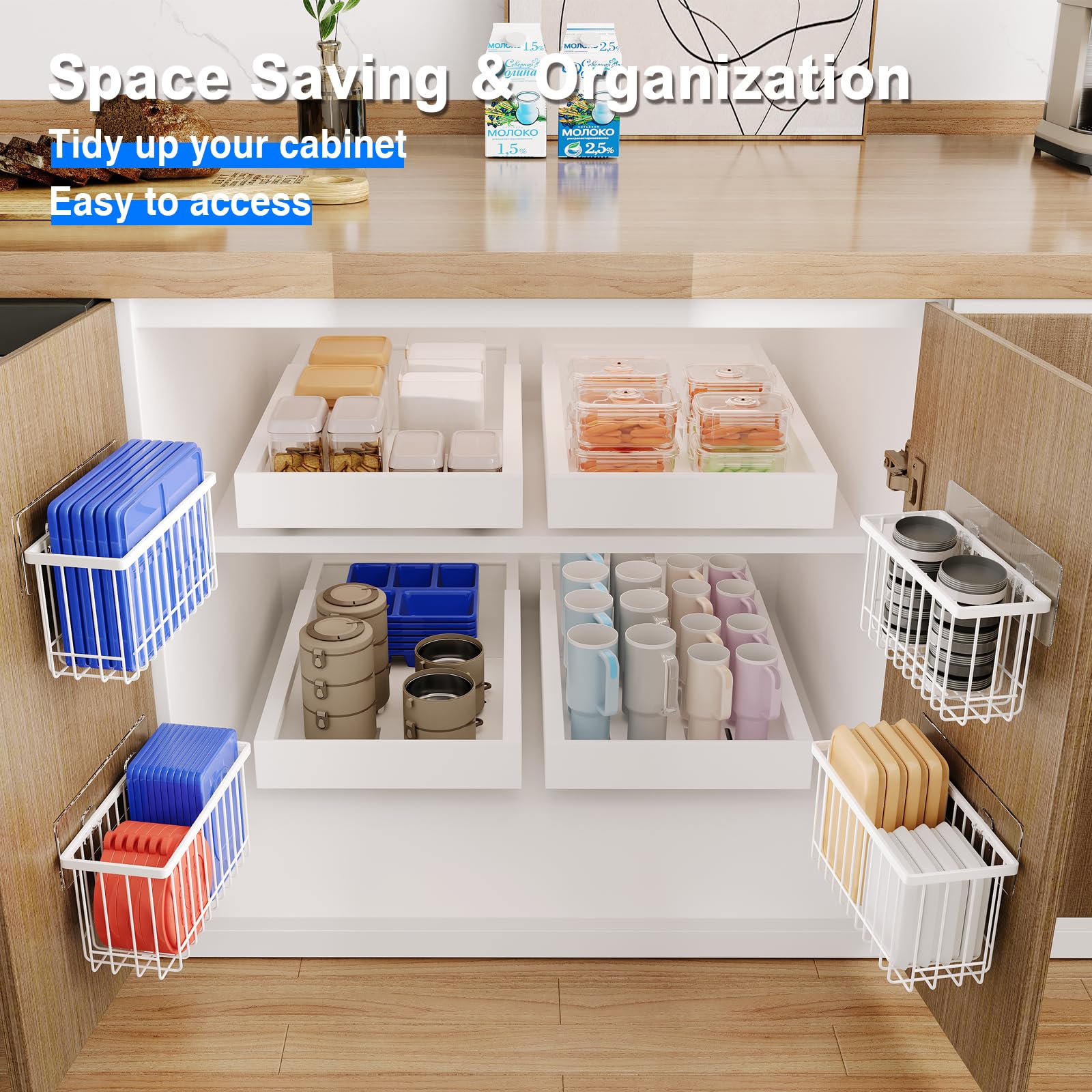 Mustorn storage baskets and lid holders keep lids organized.