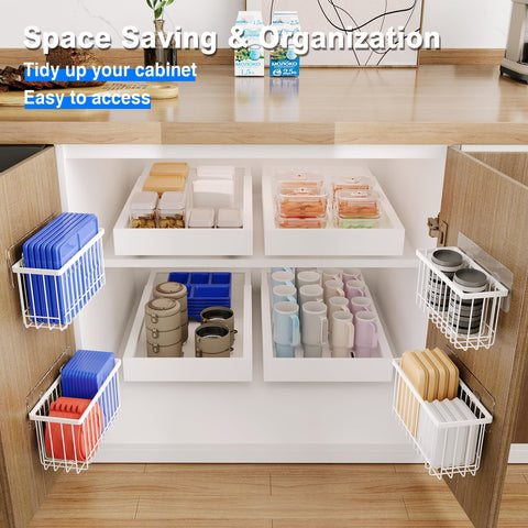 Mustorn storage baskets and lid holders keep lids organized.