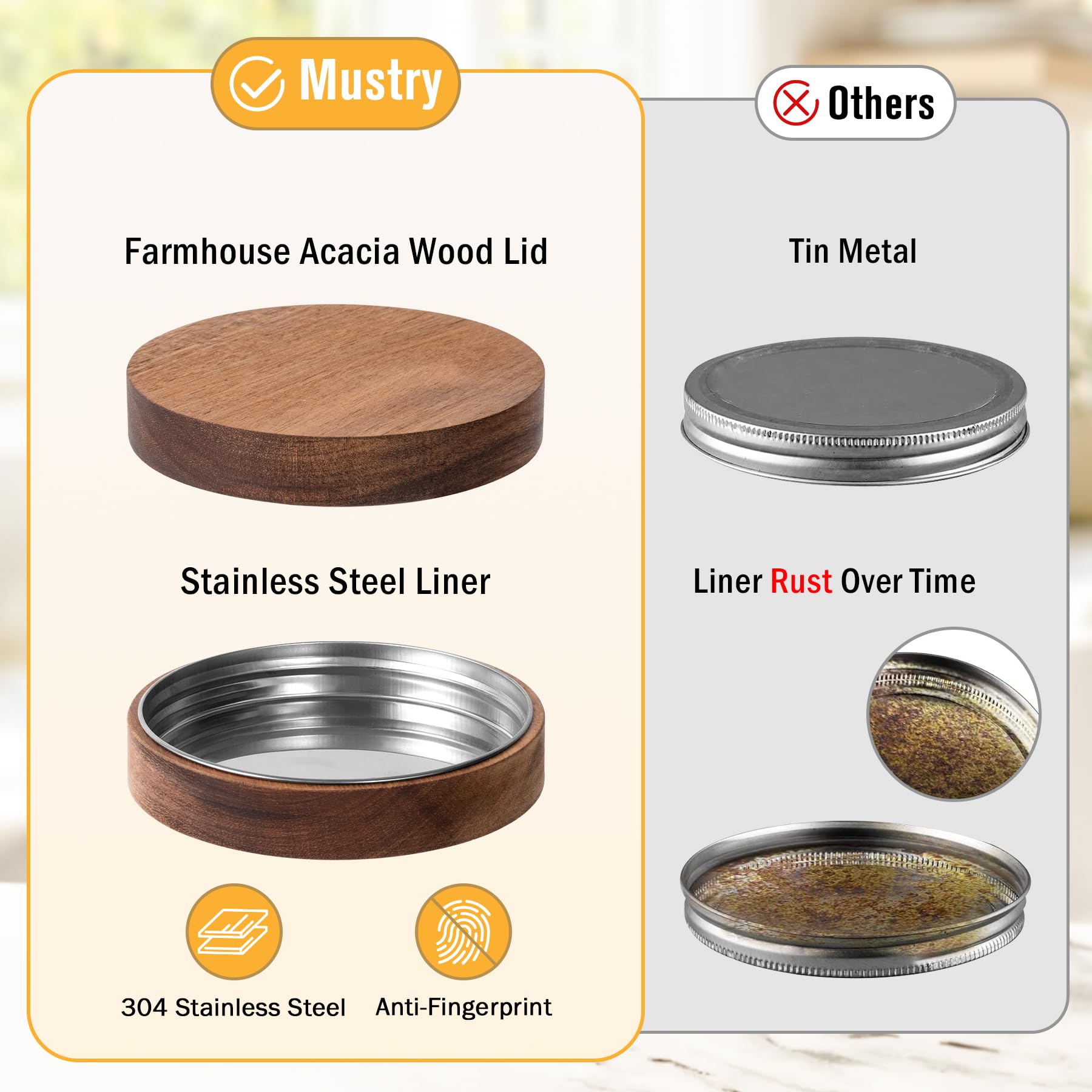 Mustry acacia wood lid with stainless liner preserves contents.
