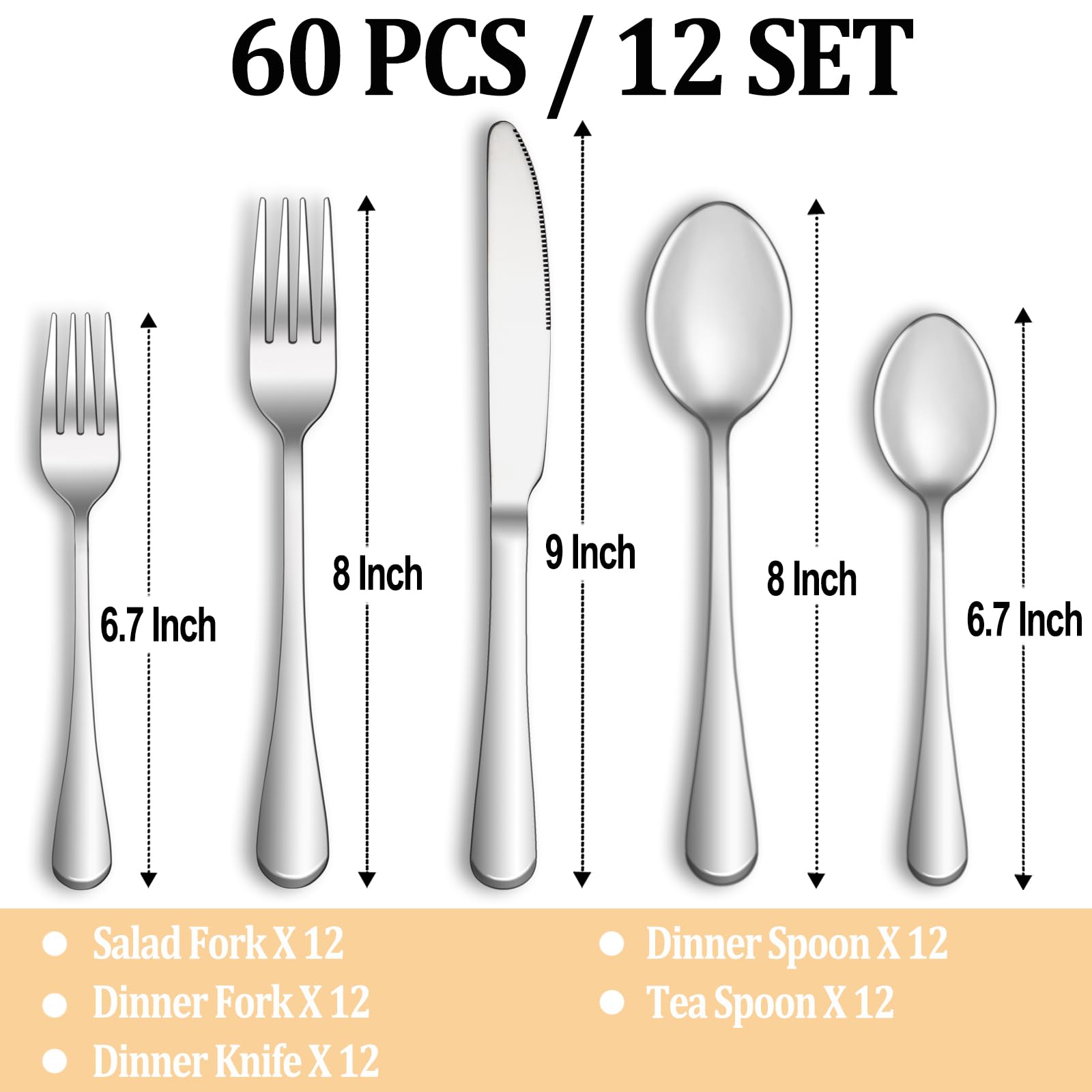 MUTNITT 60-piece silverware set dinner spoons on reflective mirror finish